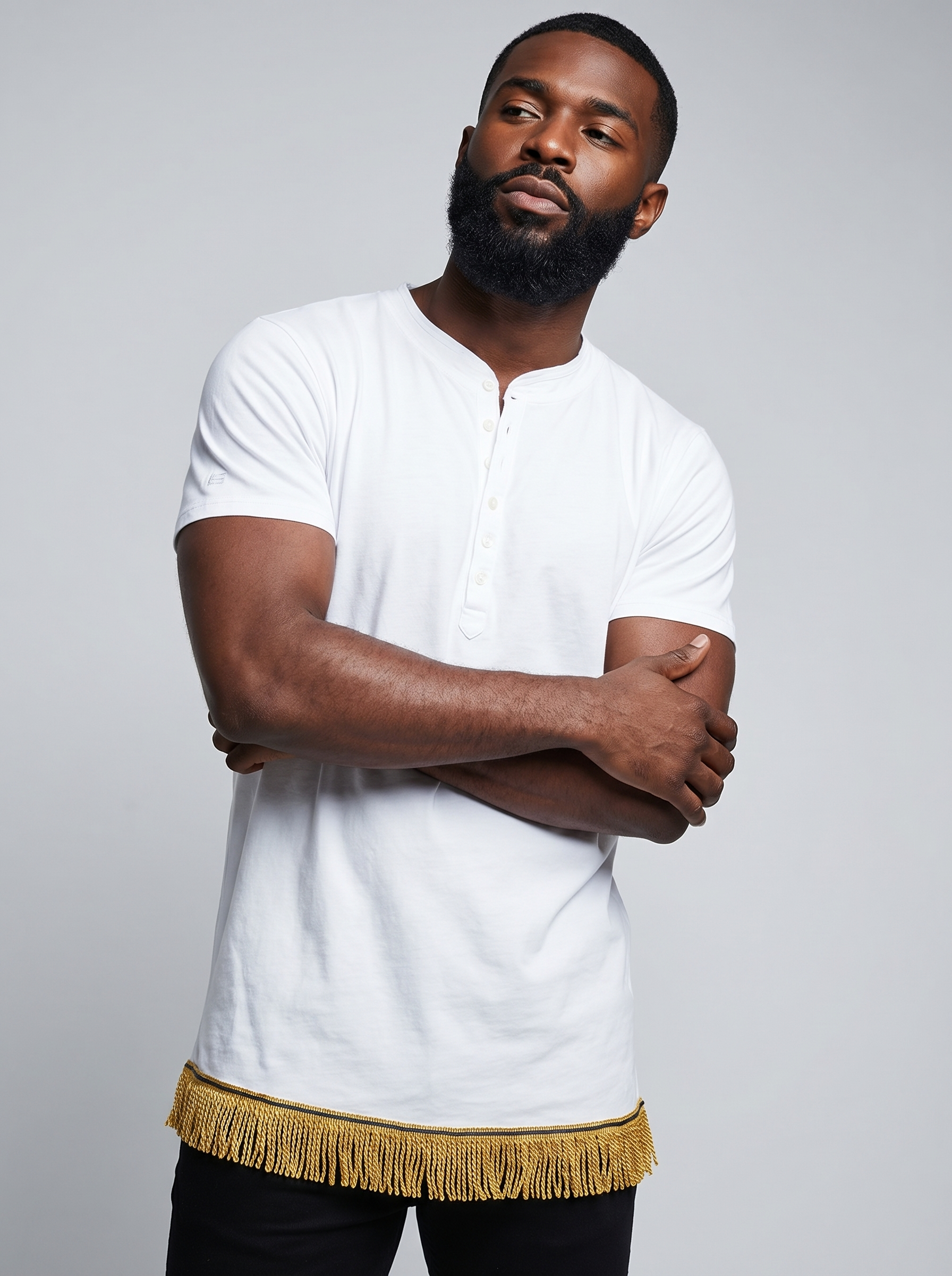 Men's White Pure Cotton Mock Insert Henley Top with Fringes