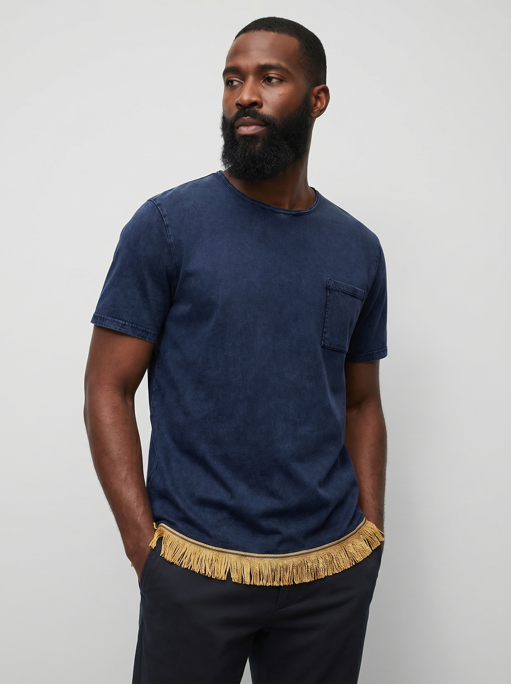Men's Navy Raw Trim Pocket T-Shirt with Fringes