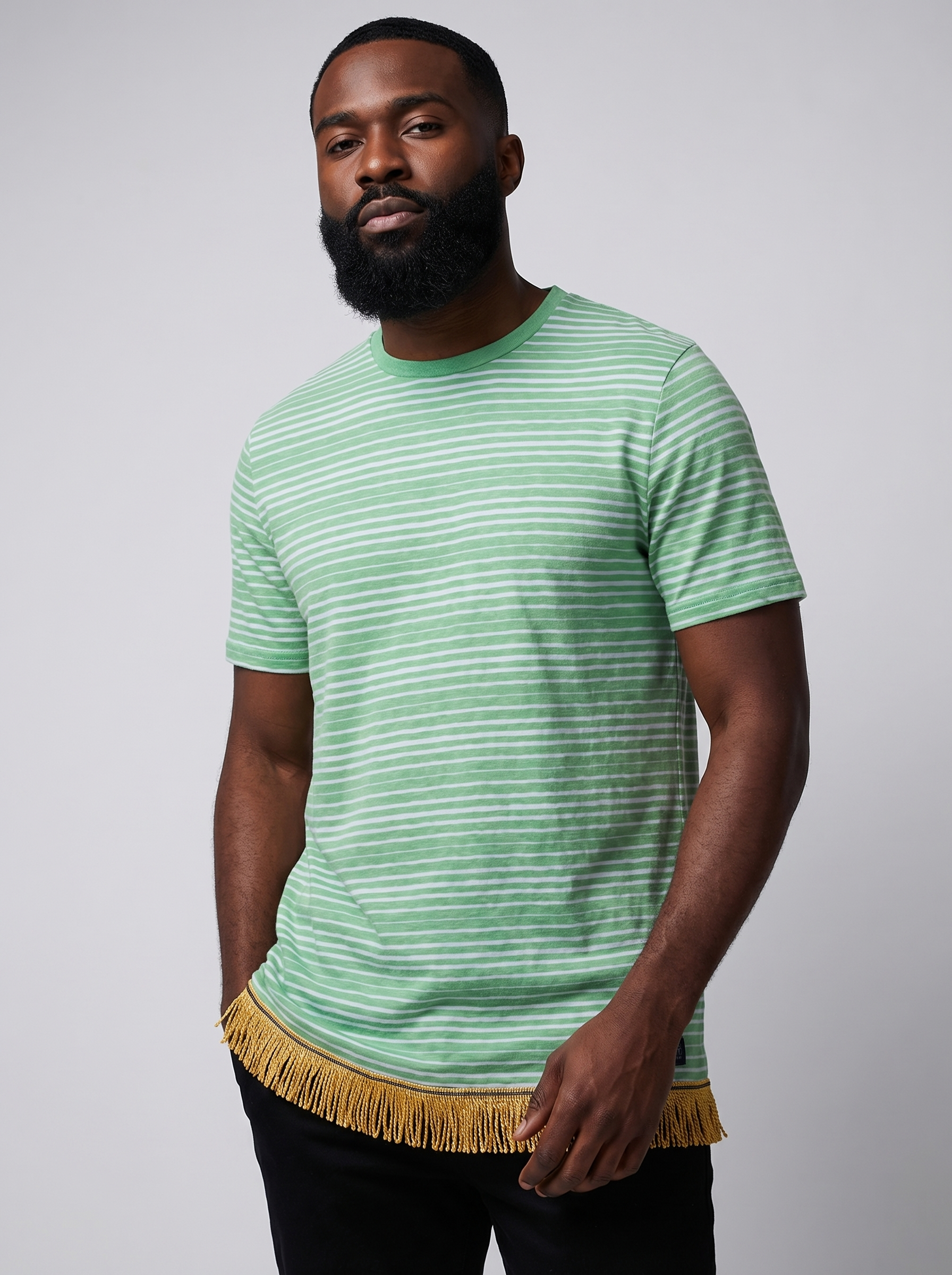 Men's Green Pure Cotton Herringbone Trim T-Shirt with Fringes