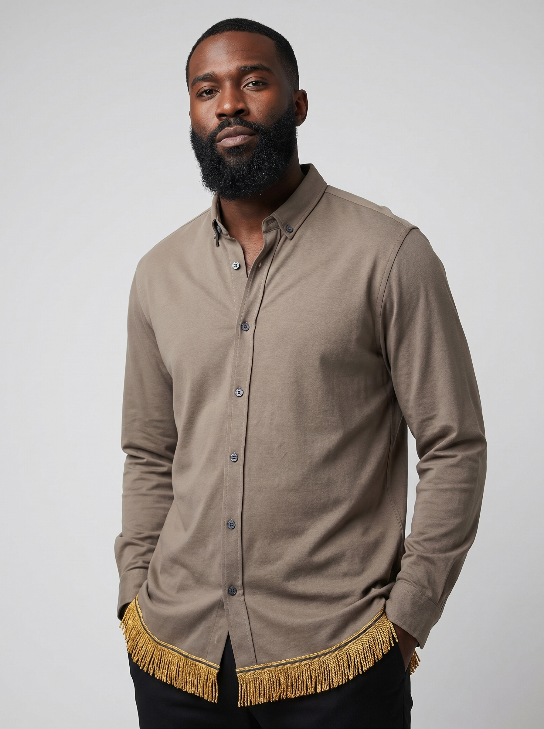 Men's Khaki Slim Fit Pure Cotton Button Down Shirt with Fringes