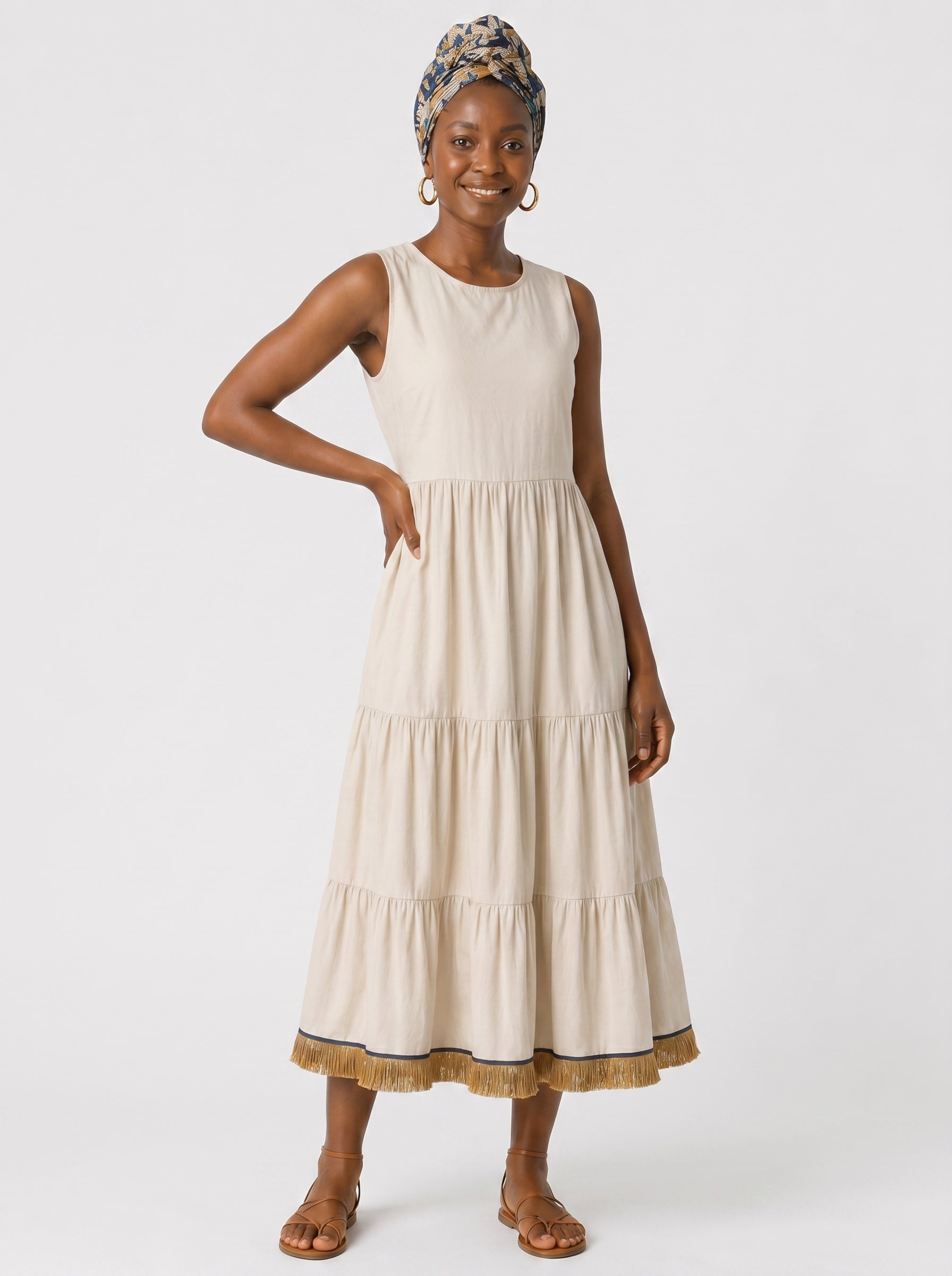 Sleeveless Midi Jersey Tiered Dress with Fringes