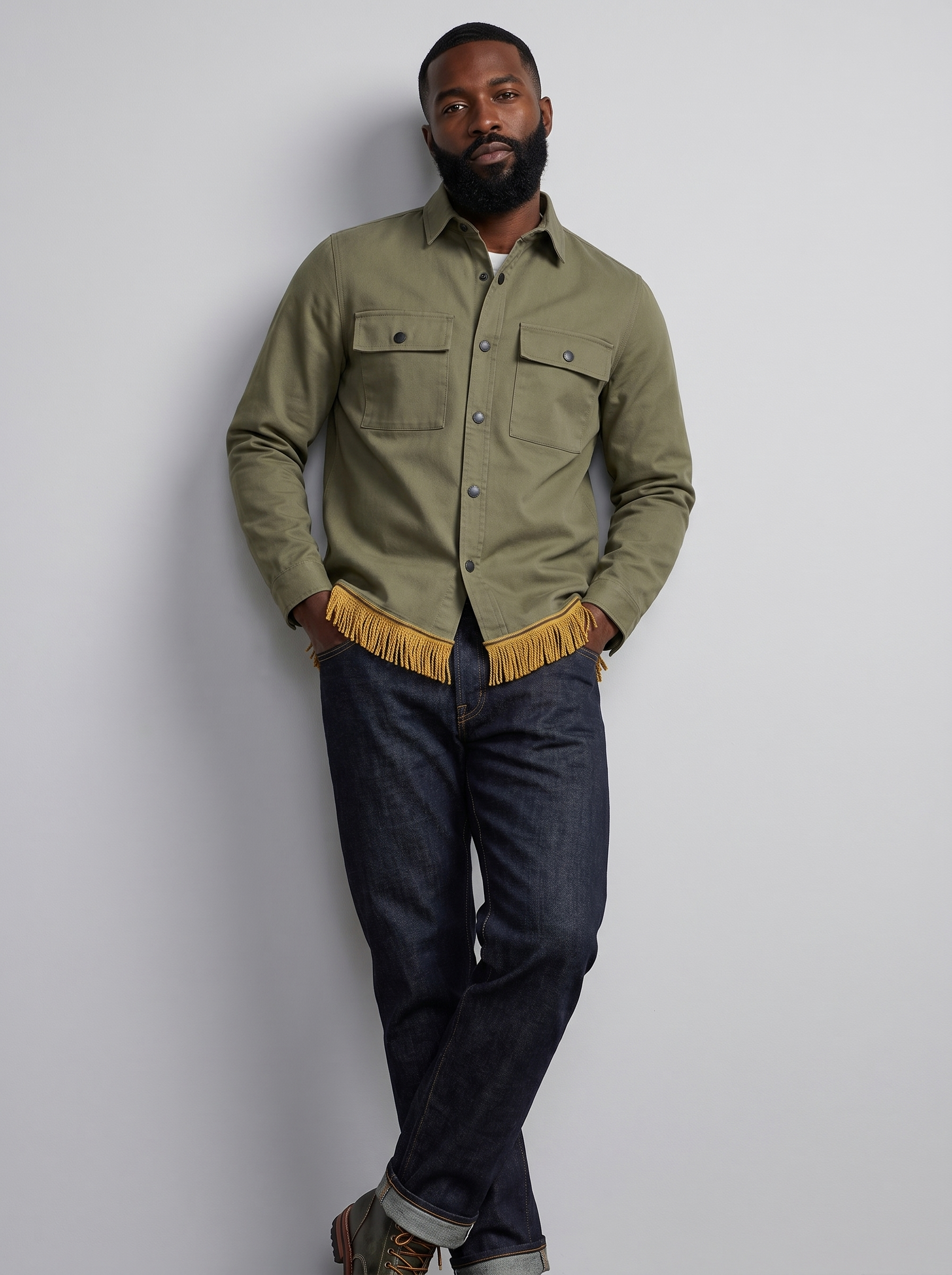 Men's Cotton Button-Down Shacket with Fringes