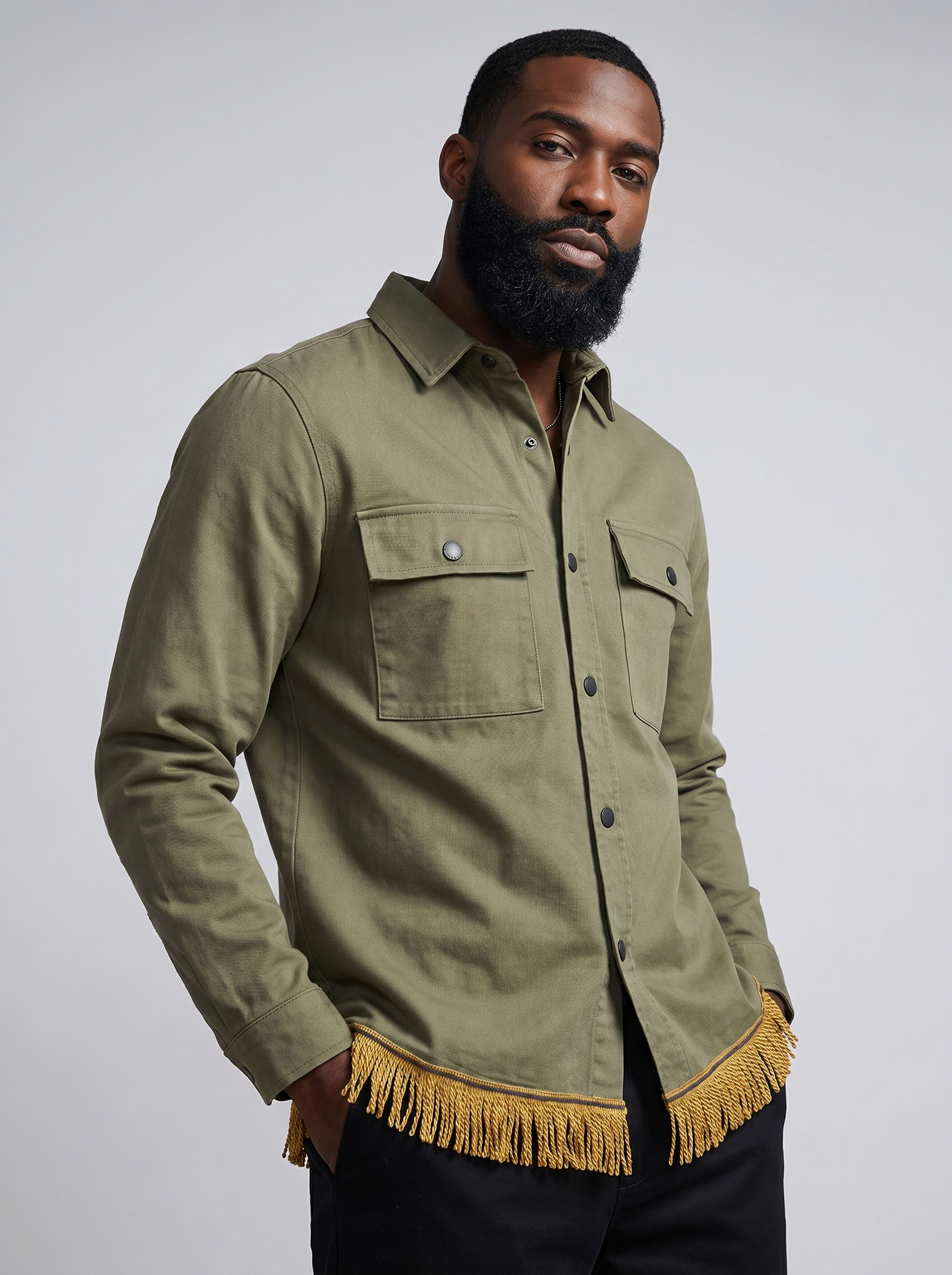 Men's Cotton Button-Down Shacket with Fringes