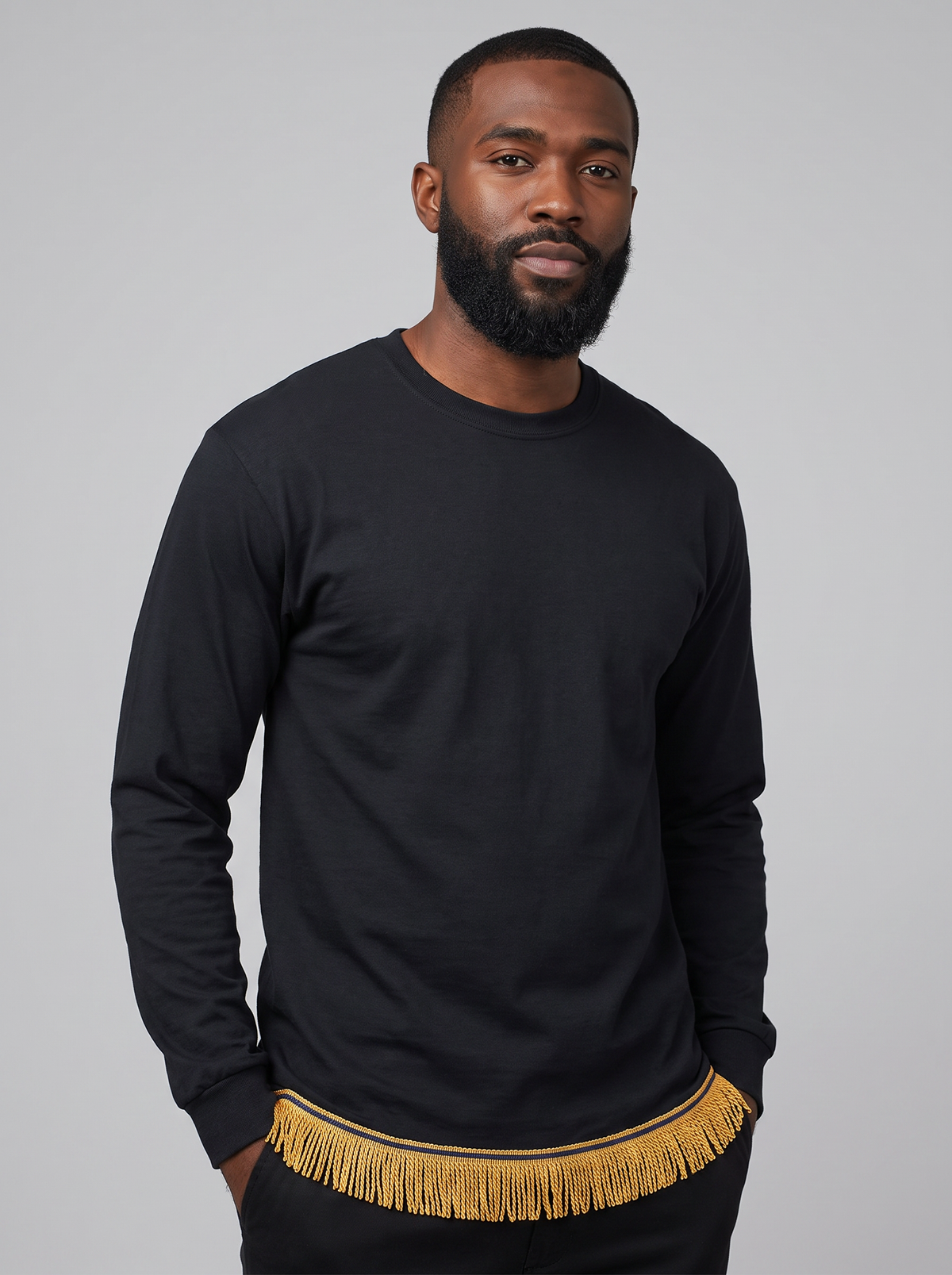 Men's Plain Long Sleeve T-Shirt with Fringes