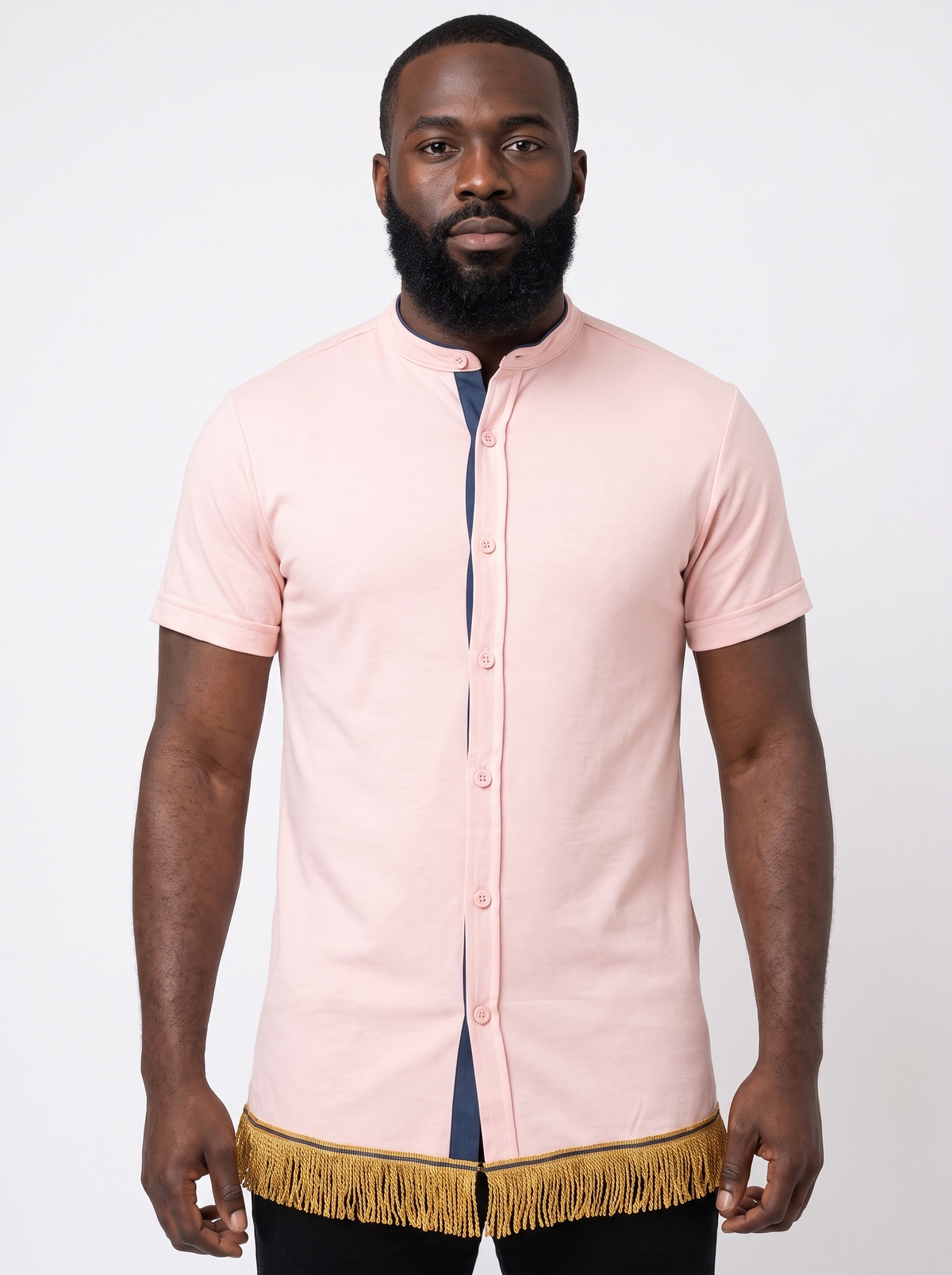 Men's Mandarin Collar Button Through Shirt with Fringes
