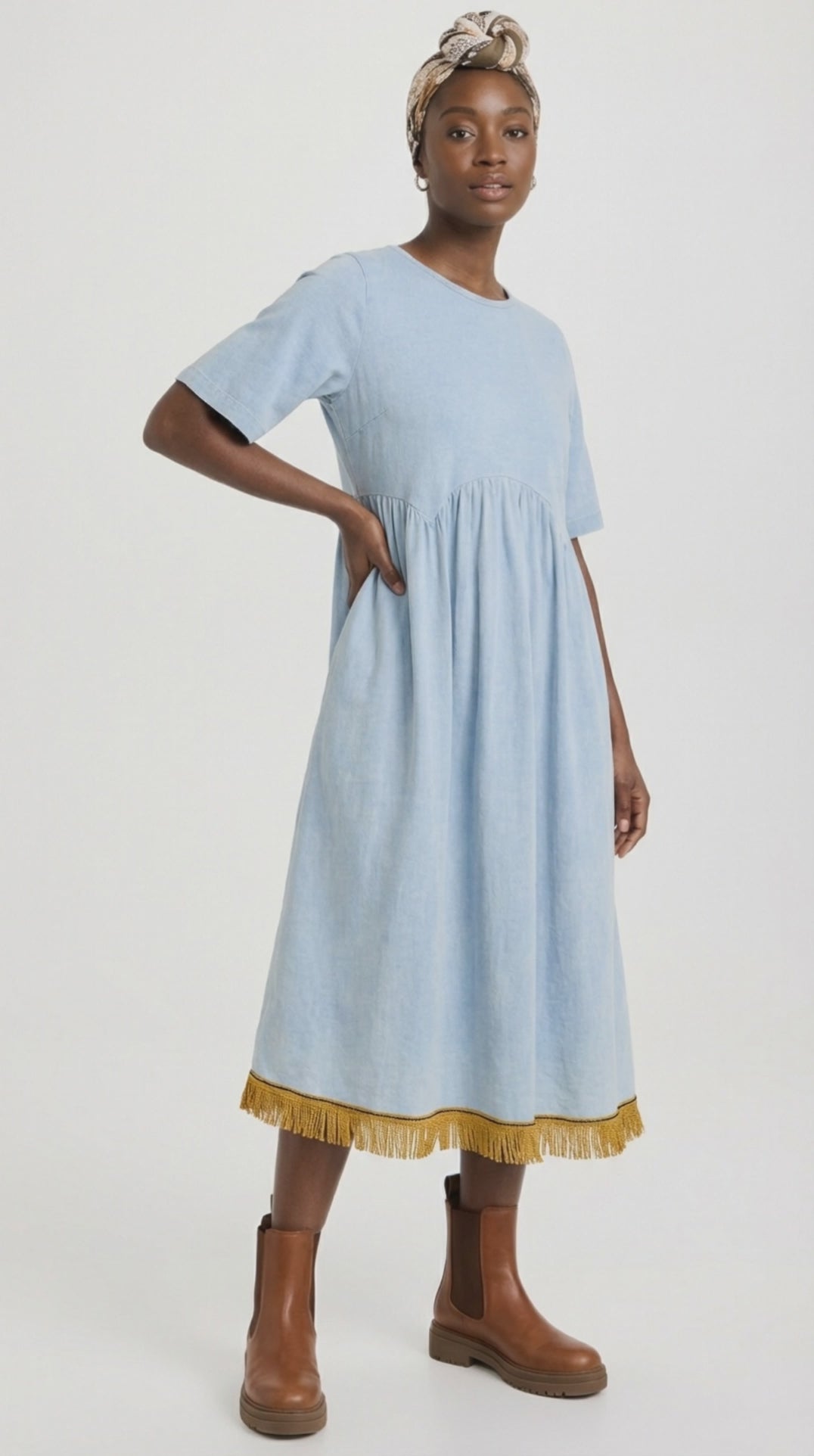Load video: Acid Wash Fringed Midi Smock Dress with Pockets