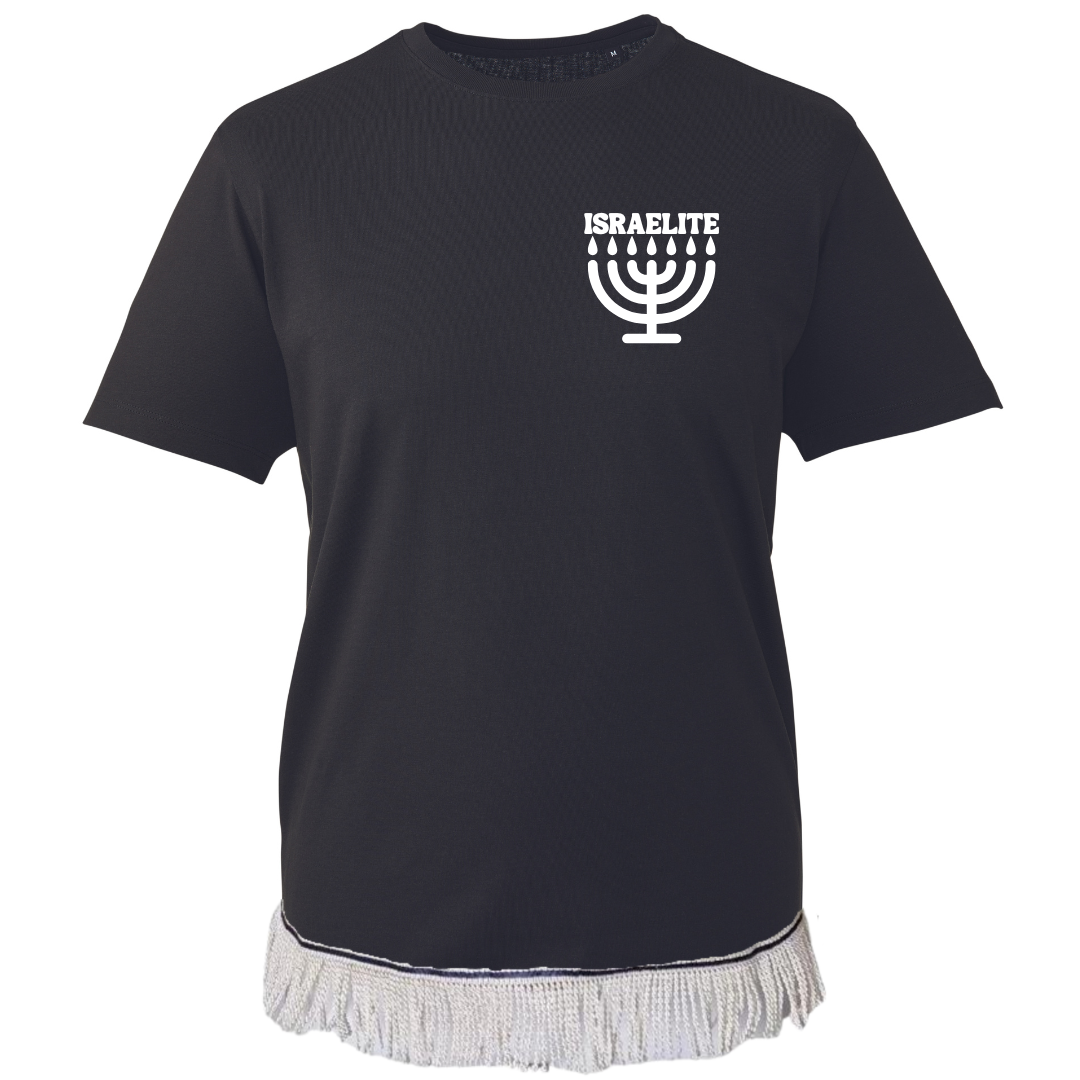ISRAELITE Menorah Adult T-Shirt with White Fringes